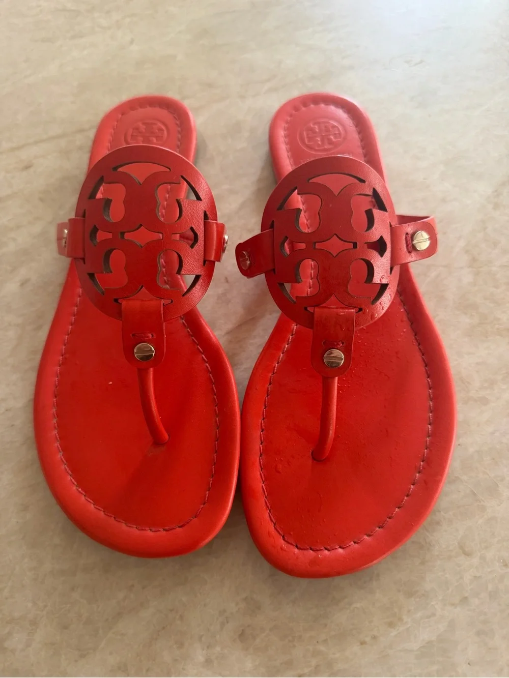 Tory Burch Bright Red Logo Leather Thong Sandals